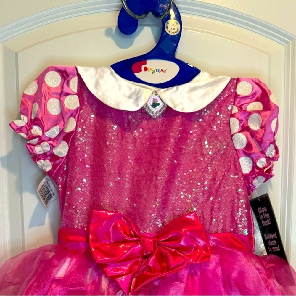 Disney Minnie Mouse Pink Dress Costume w/ ears, Glows in the Dark, Size 7/8.